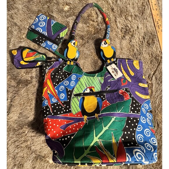 VTG Large tote bag with zipper, Coin Purse with Tucan Parrott's Vacation Beach - Picture 1 of 12